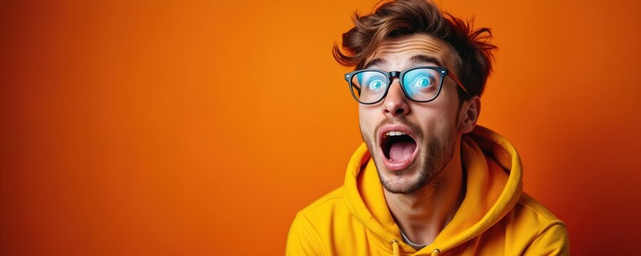 Young man with glasses shows extreme surprise and shock. His mouth is open wide and eyes are wide open in amazement. He wears a yellow hoodie against an orange backdrop, looking up in disbelief.