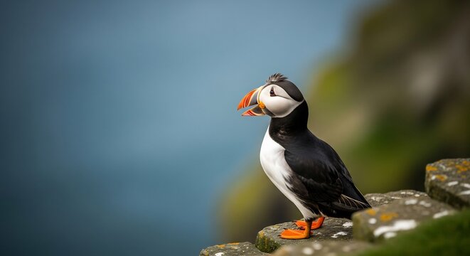 An Atlantic puffin with a colorful beak on a rocky cliff edge - Powered by Adobe