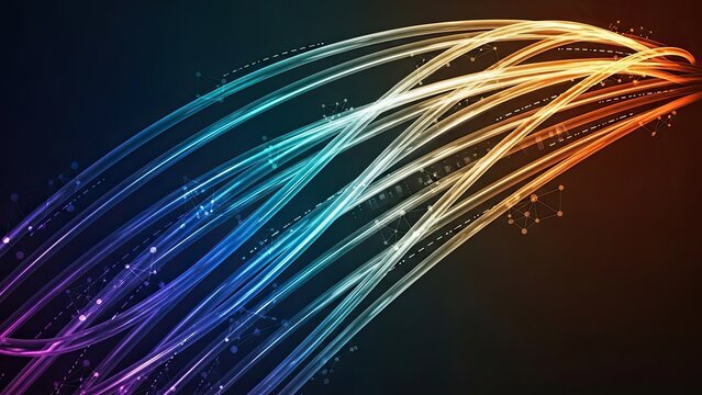 Dynamic blue to orange glowing lines with data connection points create a modern tech feel perfect for backgrounds, presentations, or innovative marketing materials