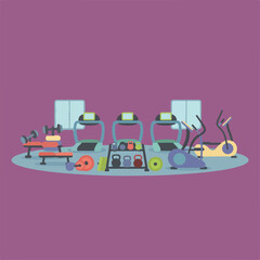 A fitness center room is showcased, complete with three treadmills, a rack of kettlebells, a weight bench, dumbbells, and elliptical machines, all arranged neatly.