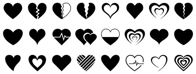 Black heart icons collection. Heart icon. Love sign. Broken, romantic, medical, outline, silhouette and decorative valentine symbols set. Vector illustration.