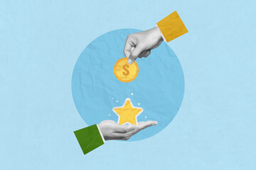 Creative collage art of a man's hand holding coins exchanging with a hand holding a star. Money buys a rank or position. Buy credibility