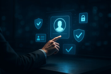 Cyber security and personal data protection concept; hand touching glowing user profile icon surrounded by shields checkmarks and digital lock symbols