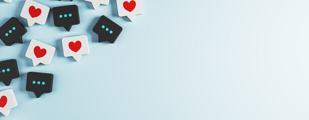 Black and white speechbubble symbols with hearts and messages scattered on light blue background for social network concept poster or banner. 3D Rendering