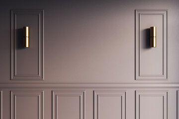 Obraz premium Blank modern wall with decorative panels and golden sconces in elegant interior room, perfect for mockup or copyspace display concept. 3D Rendering