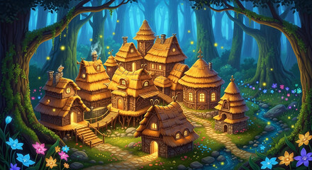 Whimsical fantasy village nestled in an enchanted forest, glowing with magic and warm light