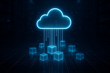 Cloud computing technology abstract visualization distributing data and services to multiple virtual storage server units on a glowing digital grid background