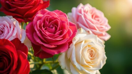 Obraz premium Romantic bouquet showcasing vibrant roses with glistening dew drops in soft morning light