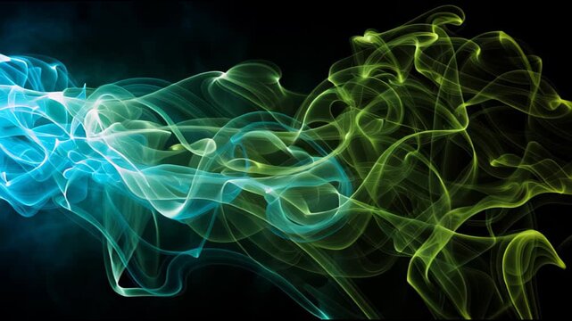 Abstract smoke plumes dance in vibrant blue and green, creating a dynamic and mesmerizing background for modern designs and creative projects