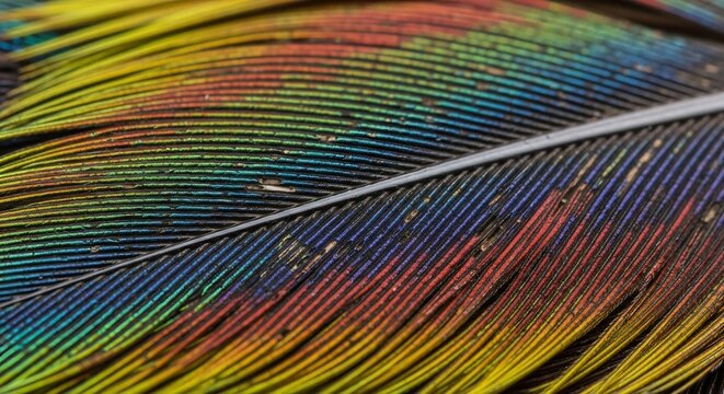 Closeup of a colorful feather with rainbow stripes and delicate barbules