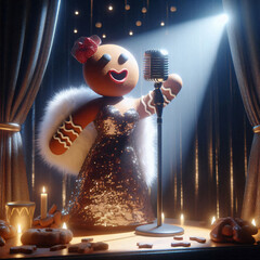 Glamorous female gingerbread singer performing on stage under a spotlight wearing a sequin dress