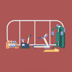 This vector art depicts a gym scene with weights, a bike, treadmill, and machine set against a muted red background and framed by a white structure.