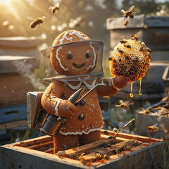 Female gingerbread beekeeper holding a honeycomb frame and smoker tool surrounded by bees in a sunny apiary