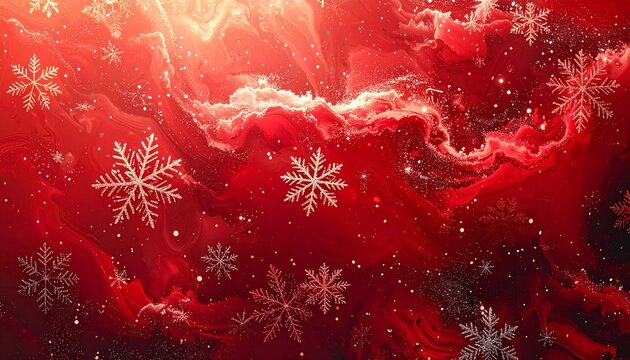 Textured red Christmas Background with shimmering abstract brushstrokes and falling white, detailed snowflakes. Elegant winter holiday digital art with light glow.