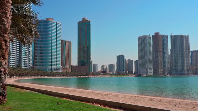 Skyscrapers of the city Sharjah. United Arab Emirates. High quality 4k footage