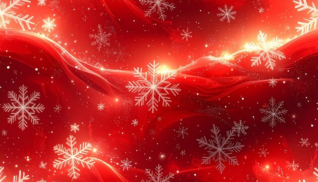Abstract scarlet and crimson Christmas Background with soft light flare and a decorative pattern of layered snowflakes. Dynamic winter holiday wallpaper template.