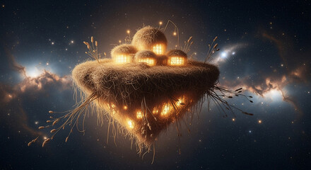 Naklejka premium Captivating celestial scene a mystical floating island with luminous structures adrift in the cosmos
