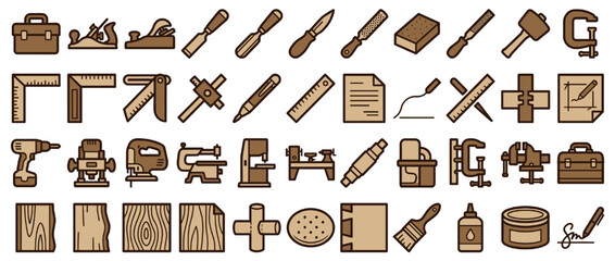 Carpentry and woodworking solid icon set. containing saw, hammer, screwdriver, drill, clamp, chisel, plane, sander, router, and more. Vector collection