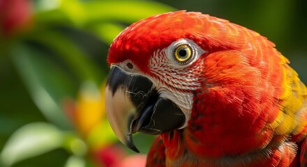 Obraz premium Closeup of a red macaw parrots head with a blurred green foliage background