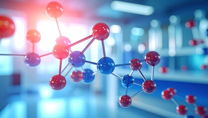 3D molecular model with colored atoms and lab glassware in bright scientific setting