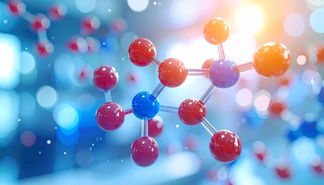 3D molecular model with colored atoms and lab glassware in bright scientific setting