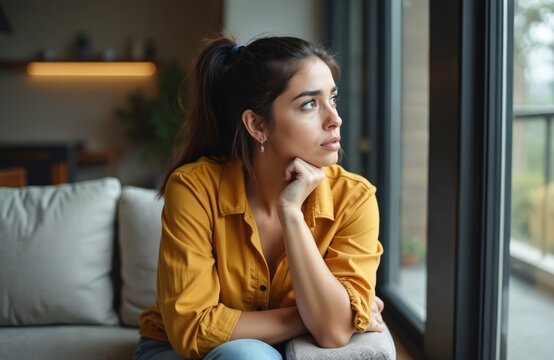 Pensive young woman sits at home looking out window. She contemplates future with thoughtful expression. Girl wears yellow shirt. Casual portrait of person looking away, solves problem.