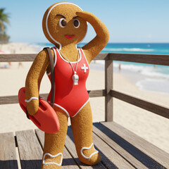 Alert female gingerbread lifeguard holding rescue buoy wearing red swimsuit and whistle on sunny beach pier background