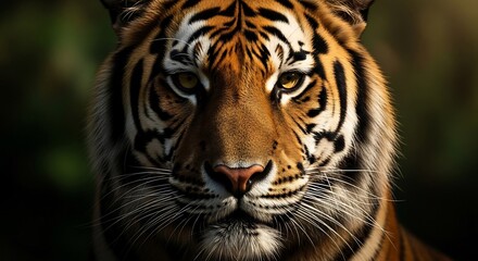 Obraz premium Closeup of a tigers face with piercing eyes and striking stripes