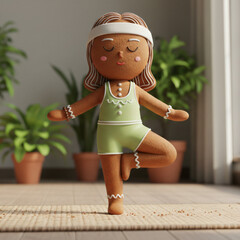 Serene female gingerbread yogi practicing tree pose in green sportswear against a cozy home plant background