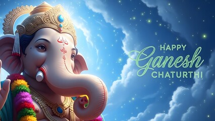 A captivating illustration of lord ganesha, adorned with intricate details, set against a backdrop of a serene blue sky for ganesh chaturthi