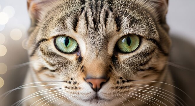 Closeup of a tabby cats face with striking green eyes