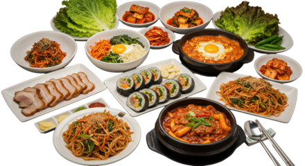 A lavish spread of authentic Korean cuisine: Samgyeopsal, Bibimbap, Kimchi. Flat lay on white background, copy space, vibrant colors. Concept of culinary abundance
