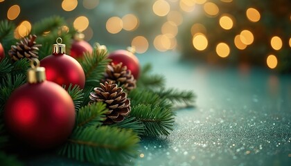 Red Christmas baubles, pine cones, fir branches decorate glittery teal surface. Festive holiday decor with glowing bokeh lights create beautiful winter celebration background. Scene evokes joyful,