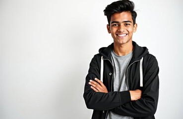 Young Indian teen boy smiles with arms crossed. He wears a grey t-shirt and black hoodie. Confident, casual portrait shot with white background. Youthful style.