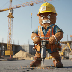 Tough female gingerbread construction worker operating a jackhammer wearing a safety vest and hard hat at a building site