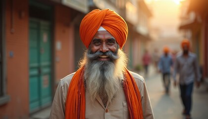 Obraz premium Happy Sikh man portrait. Indian male with long beard and turban smiles. Portrait of joyful man in traditional attire walking outdoors. He wears orange scarf. Street scene with blurred background