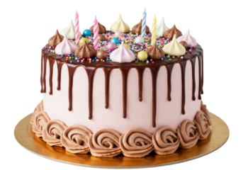 A multi-layered birthday cake with light pink buttercream, dark chocolate ganache, colorful sprinkles, meringue kisses, candy pearls, and unlit candles on a golden board against a white background,
