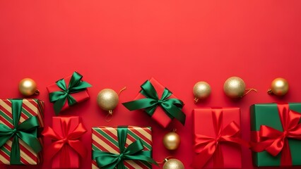 Festive christmas gifts and golden baubles arranged on a vibrant red background, creating a joyful and celebratory holiday season atmosphere