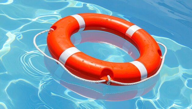 Bright orange life preserver ring floating on clear blue pool water with sunlight ripples