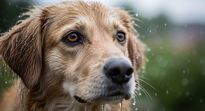 Closeup of a wet golden retriever with water droplets on its fur - Powered by Adobe
