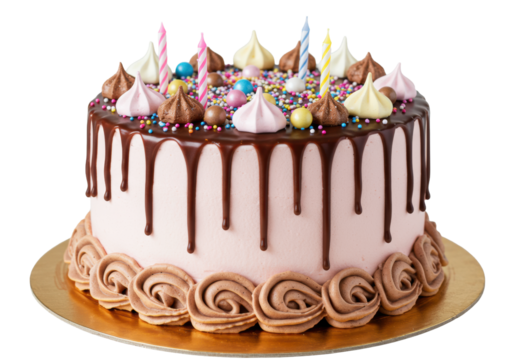 A multi-layered birthday cake with light pink buttercream, dark chocolate ganache, colorful sprinkles, meringue kisses, candy pearls, and unlit candles on a golden board against a white background, - Powered by Adobe