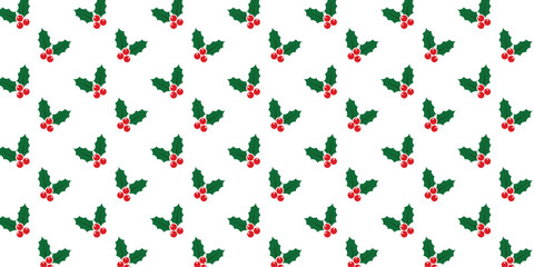 Seamless festive pattern with simple green holly leaves and bright red berries on a clean white background, ideal for Christmas wrapping paper, textiles, gift packaging, greeting cards and seasonal de