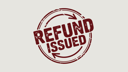 A red grunge style stamp with the words refund issued and circular arrows on a light background