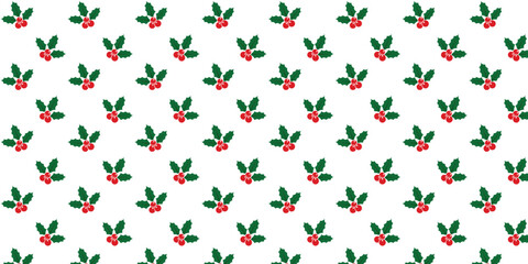 Seamless festive pattern with simple green holly leaves and bright red berries on a clean white background, ideal for Christmas wrapping paper, textiles, gift packaging, greeting cards and seasonal de