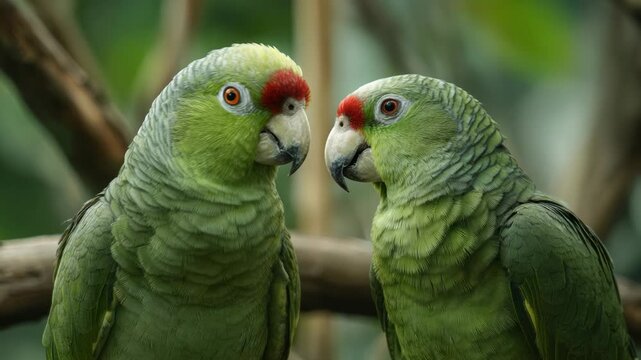Pair of Green Parrots Perching Close Up in Natural Jungle Setting with Focused Camera Work