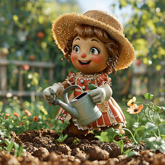 Happy female gingerbread gardener holding a watering can in a sunny vegetable garden patch