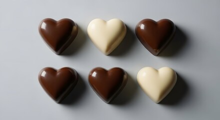 Obraz premium Heart-shaped chocolate candies dark and white arranged on a light gray surface perfect for Valentine