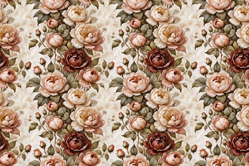 Charming floral seamless pattern, watercolor roses, peonies, wildflowers, earthy shades, romantic, nostalgic mood, ideal for invitations, vintage packaging, fabric prints, and romantic journals