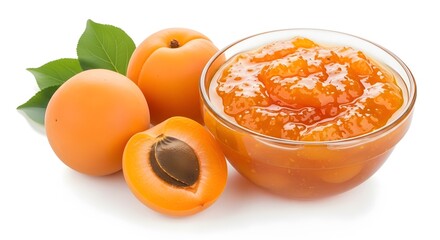 Apricot jam in a glass bowl with fresh apricots and leaves isolated on white background