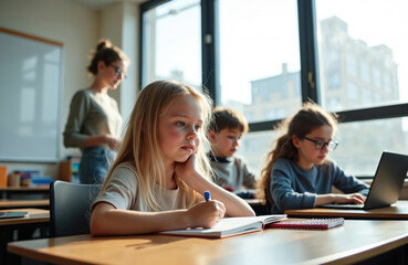 Obraz premium Elementary students actively learn in bright classroom. Young blonde girl writes in notebook with pen. Another girl uses laptop for study work. Female teacher observes children. Kids focus on